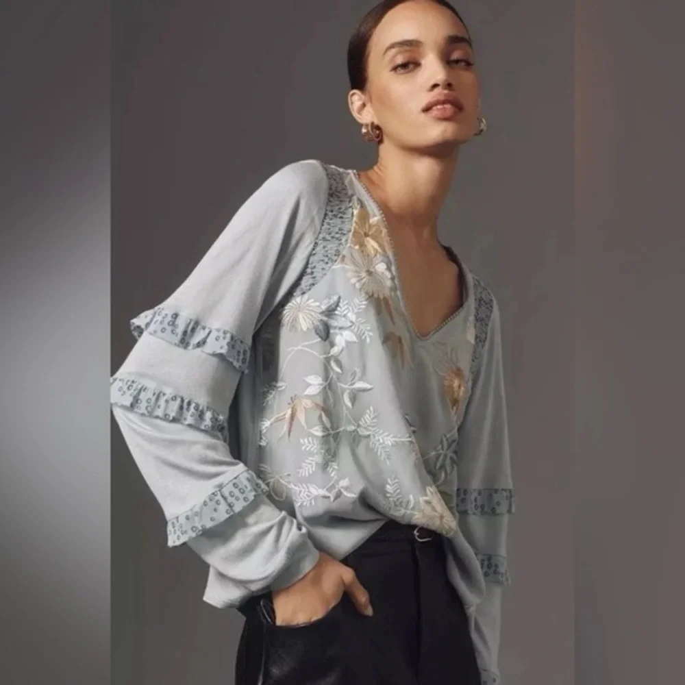 Tiny Brand Anthropologie Women’s Blue Motif Long-Sleeve Ruffled Top size varies - Picture 2 of 14